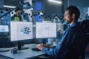 AN OFFICE WORKER SITS AT A BANK OF COMPUTER SCREENS.