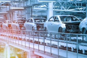 An assembly line of EVs in a factory