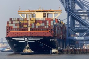 A container ship docked at a UK port