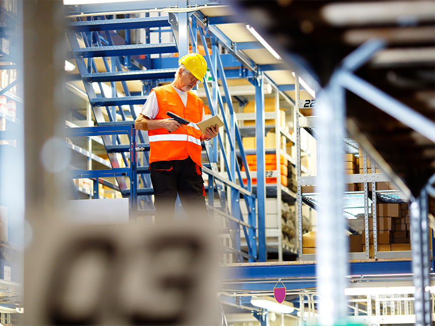 A warehouse worker uses a digital tablet. 