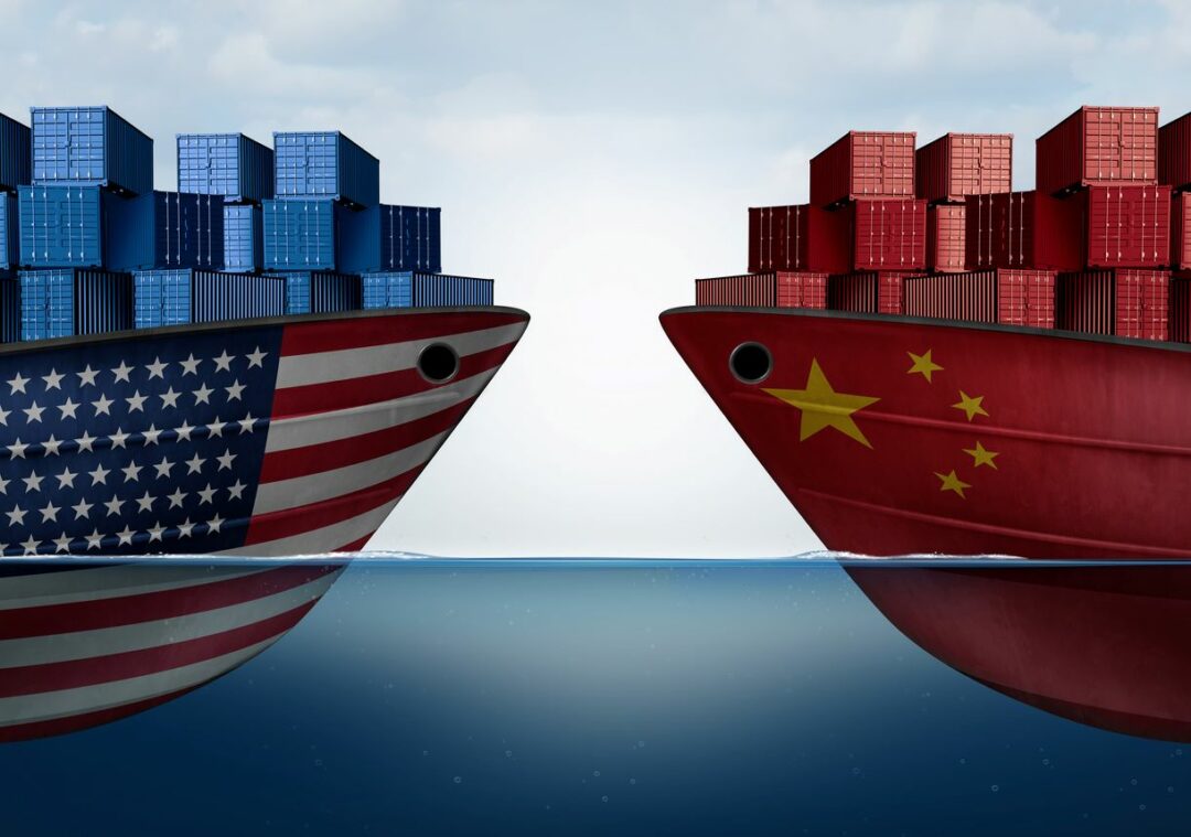 GRAPHIC OF TWO CONTAINER SHIPS WITH CHINA AND US FLAGS FACING EACH OTHER 