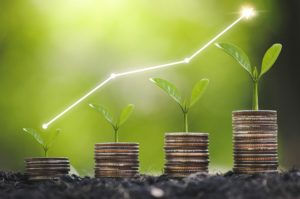 A ROW OF PILES IN COINS WITH PLANTS ON TOP INCREASE IN SIZE FROM LEFT TO RIGHT