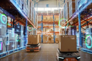 AUTONOMOUS ROBOTS SERVE AN AISLE IN A WAREHOUSE