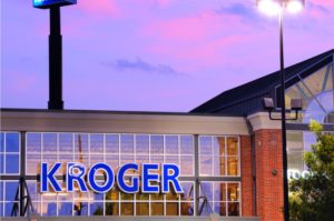 THE EXTERIOR OF A KROGER STORE RETAIL IN FADING LIGHT