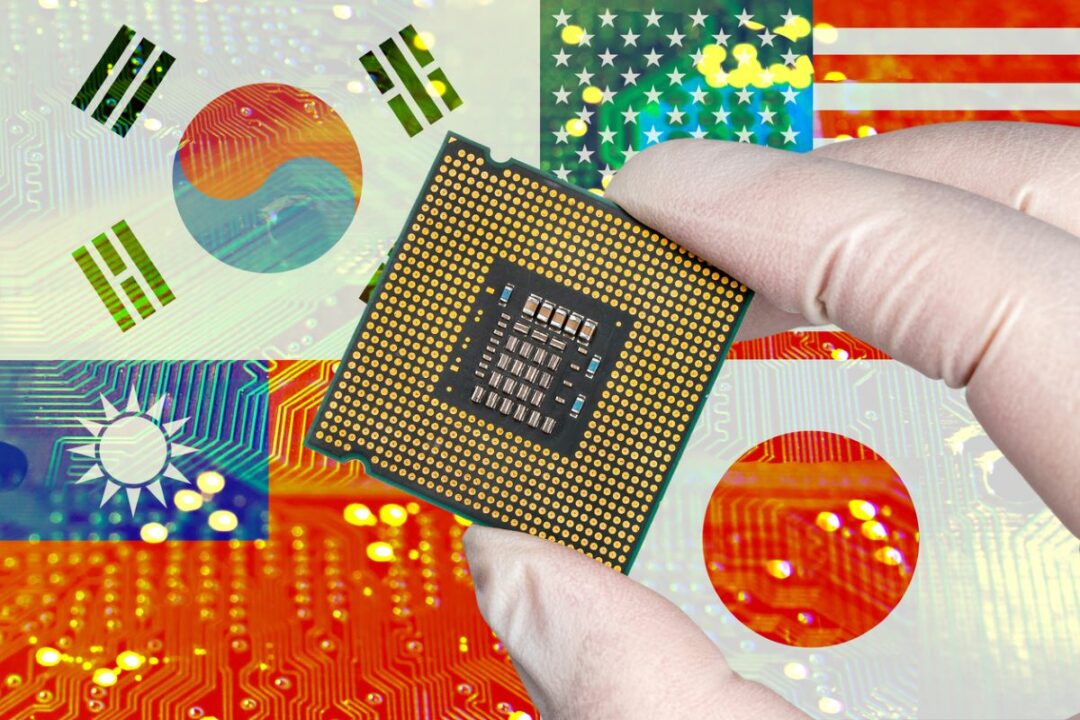 A HAND WEARING A PROTECTIVE GLOVE HOLDS A SEMICONDUCTOR AGAINST A BACKDROP OF THE FLAGS OF FOUR NATIONS -- SOUTH KOREA, US, TAIWAN AND CHINA