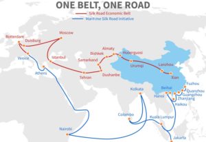 MAP OF EURASIA, SHOW A RED LAND NORTHERN ROUTE FROM XIAN TO VENICE, AND A BLUE MARITIME SOUTHERN ROUTE FROM FUZHOU AND JAKARTA TO VENICE