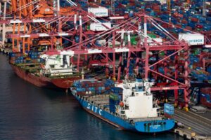 AERIAL SHOT OF A BUSY PORT DOCK