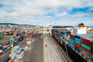 A GIANT CONTAINER SHIP DOCKS ALONGSIDE A PORT WITH ACRES OF STACKS OF CONTAINERS, MOUNTAINS IN THE DISTANCE