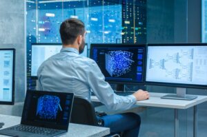 A HUMAN WORKER SITS SURROUNDED BY SCREENS FULL OF DATA