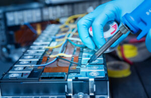 A GLOVED HAND USES A SOLDERING IRON ON A CAR BATTERY.