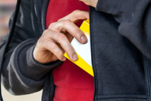 A PERSON APPEARS TO BE STEALING AN ITEM FROM A STORE BY HIDING IT IN THEIR JACKET.