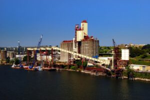 A WIDE SHOT FROM THE SEA OF A GRAIN TERMINAL