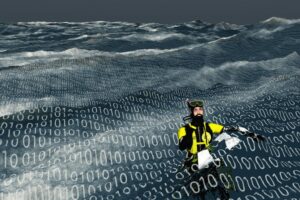 A PERSON IN WETSUIT AND SNORKEL MASK EMERGES FROM A SEA OF ONES AND NOUGHTS