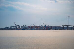 The collapsed Francis Scott Key Bridge outside the Port of Baltimore