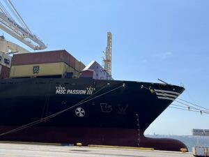 A container ship docked at the Port of Baltimore