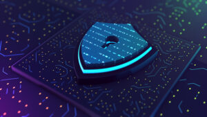 A digital shield with a lock over the top of a purple background