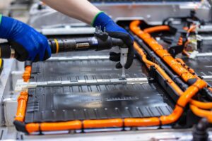 An electric vehicle battery in a factory.