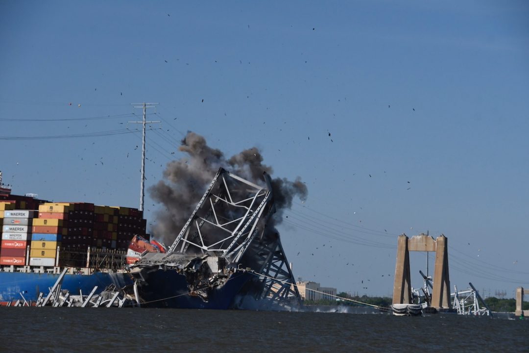 A controlled explosion of Baltimore's Francis Scott Key Bridge