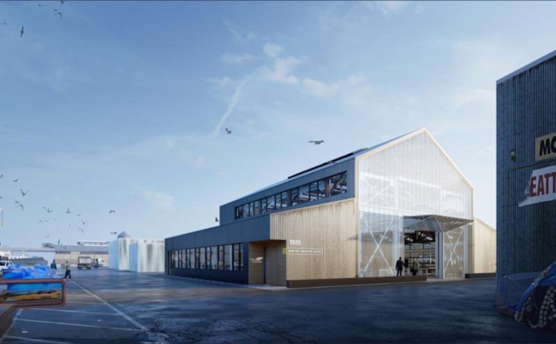 A mock-up of a renovated warehouse-like building at the Port of Seattle