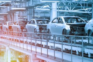 An assembly line of EVs in a factory