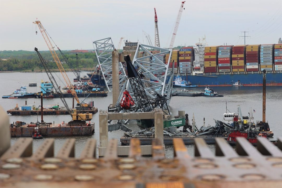 Salvage crews cleaning the wreckage of Baltimore's Francis Scott Key Bridge