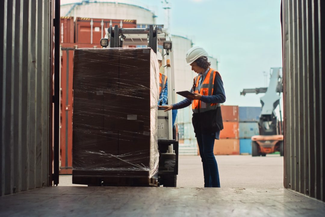 A woman checking a cargo shipment on a port dock