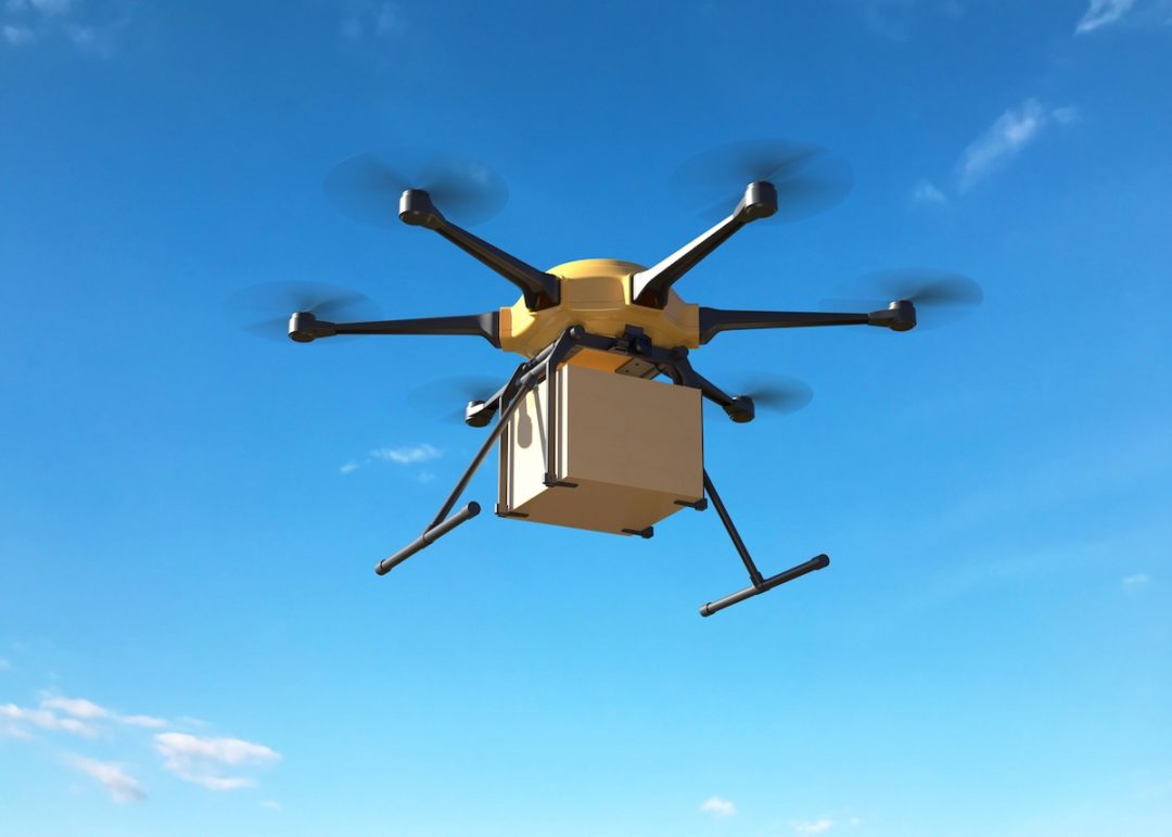 A delivery drone carrying a package
