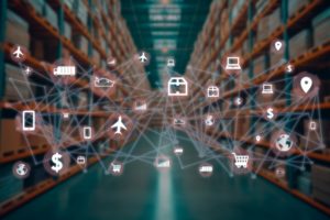 A visualization of supply chain phases set to a warehouse background