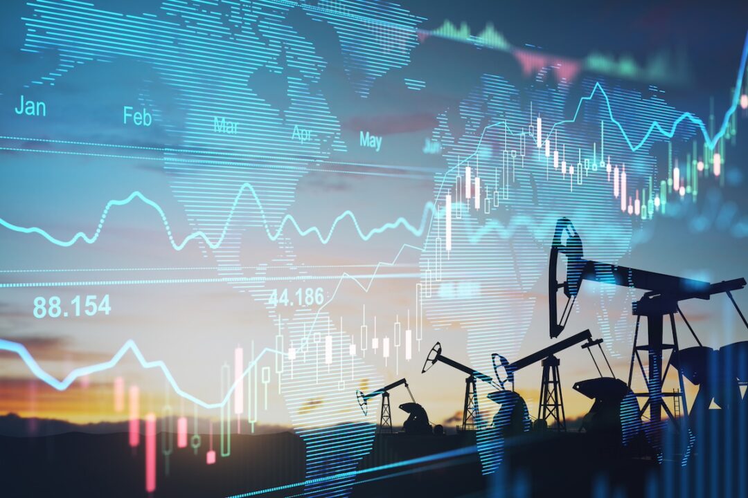 Rise in gasoline prices concept art with double exposure of digital screen with financial chart graphs and oil pumps on a field