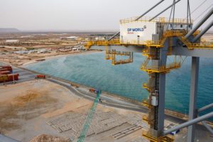 A CRANE STANDS IN THE FOREGROUND OF A DESERT PORT