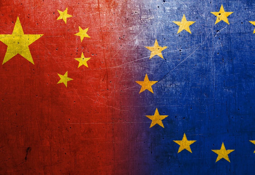 Flags for China and the European Union juxtaposed against each other