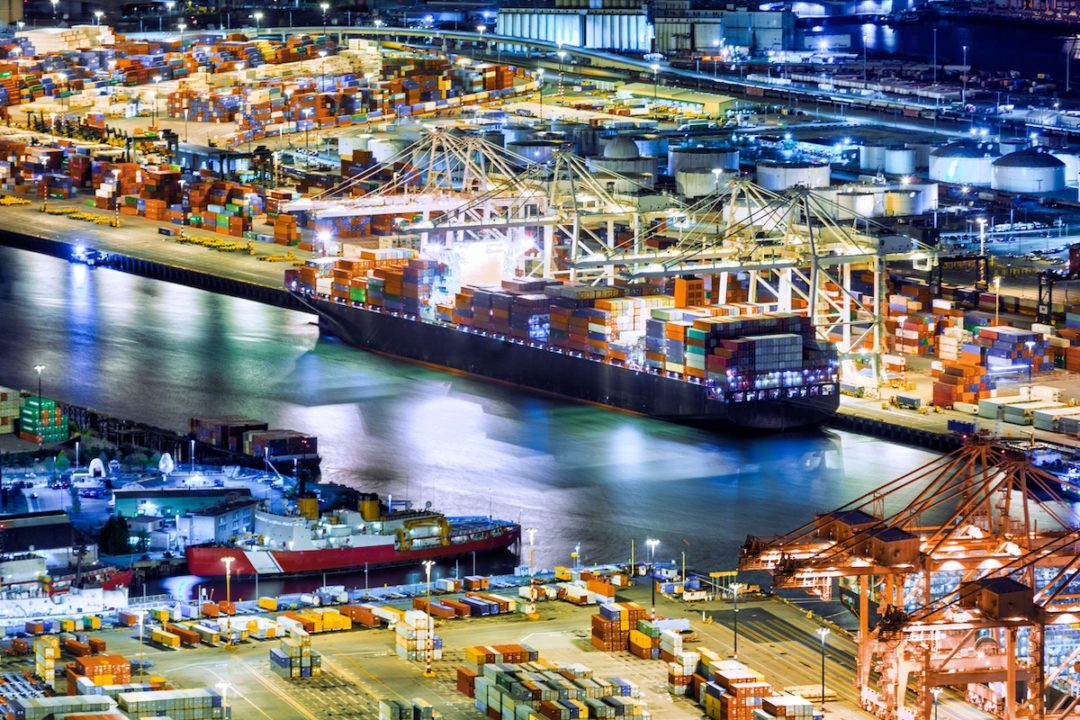 Aerial view of a cargo ship loaded in the Seattle harbor container terminal