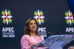 Peruvian President Dina Boluarte speaking at a conference