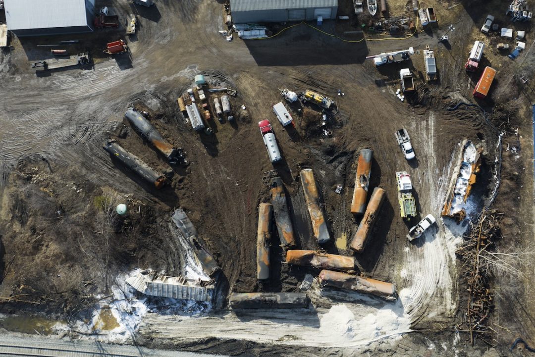 Derailed railcars in East Palestine, Ohio in February of 2023
