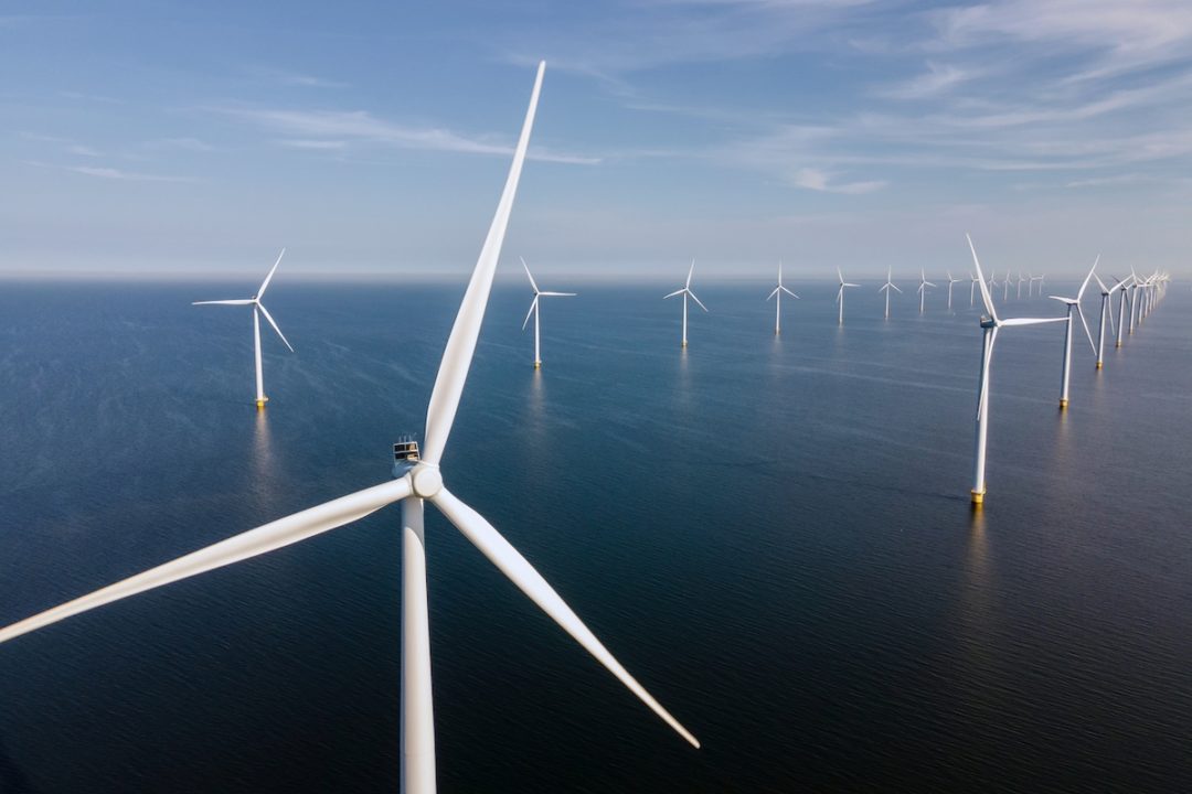 An offshore wind farm in the ocean