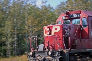 The engine of a red Canadian Pacific train