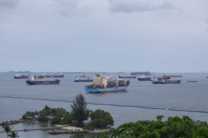 Container ships anchored in a cluster near Port Klang near Malaysia