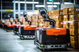 BRIGHT ORANGE AND BLACK AUTONOMOUS ROBOTS SIT IN A WAREHOUSE AISLE