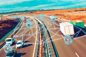 A visualization of trucks and cars on a freeway connected by blue lines that connect at large circular targets