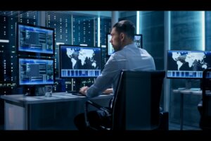 Man in a blue shirt at a computer station