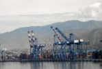 A row of blue shipping cranes, above stacks of orange shipping containers along a coastline