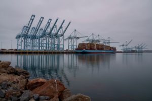 A row of blue shipping cranes over a large container ship on a shoreline