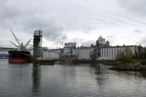 A large white industrial building along a shoreline on cloudy day