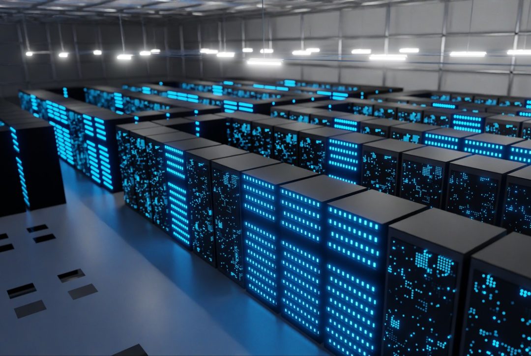 ROWS OF GLOWING DATA STORAGE STACKS SIT IN A DATA CENTER