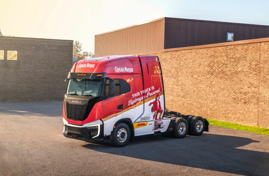 A TRUCK CAB WITHOUT TRAILER BEARS THE CAPTAIN MORGAN RUM BRANDING, COMPLETE WITH PIRATE, AND THE WORDS THIS TRUCK IS HYDROGEN POWERED.