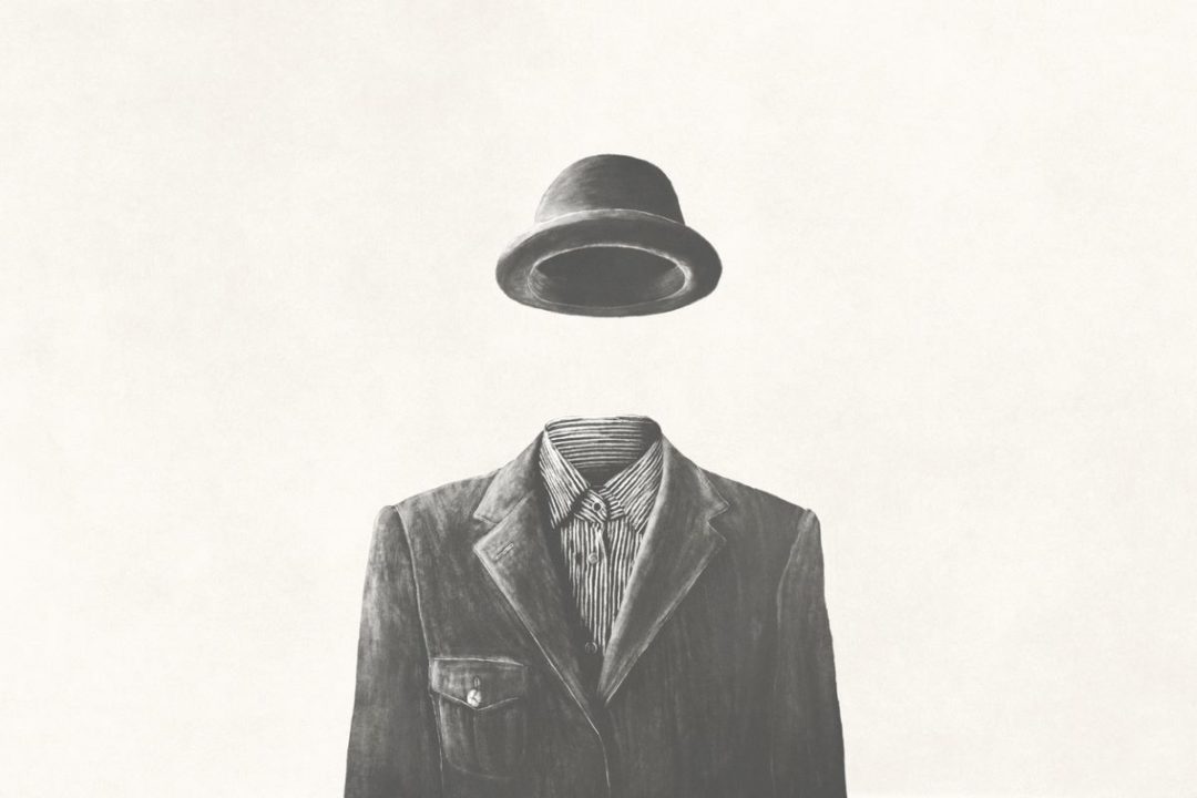 A BLACK AND WHITE DRAWING OF AN EMPTY SUIT, WITH AN EMPTY BOWLER HAT HOVERING OVER IT