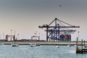 A VIEW OF A SEA PORT WITH MULTIPLE TALL CRANES