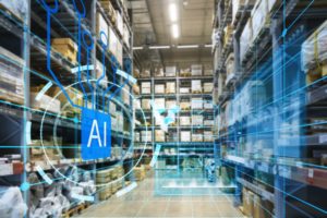 An aisle of a warehouse with boxes stacked on shelves, with a blue visualization in the foreground with "AI" written inside of a blue circle