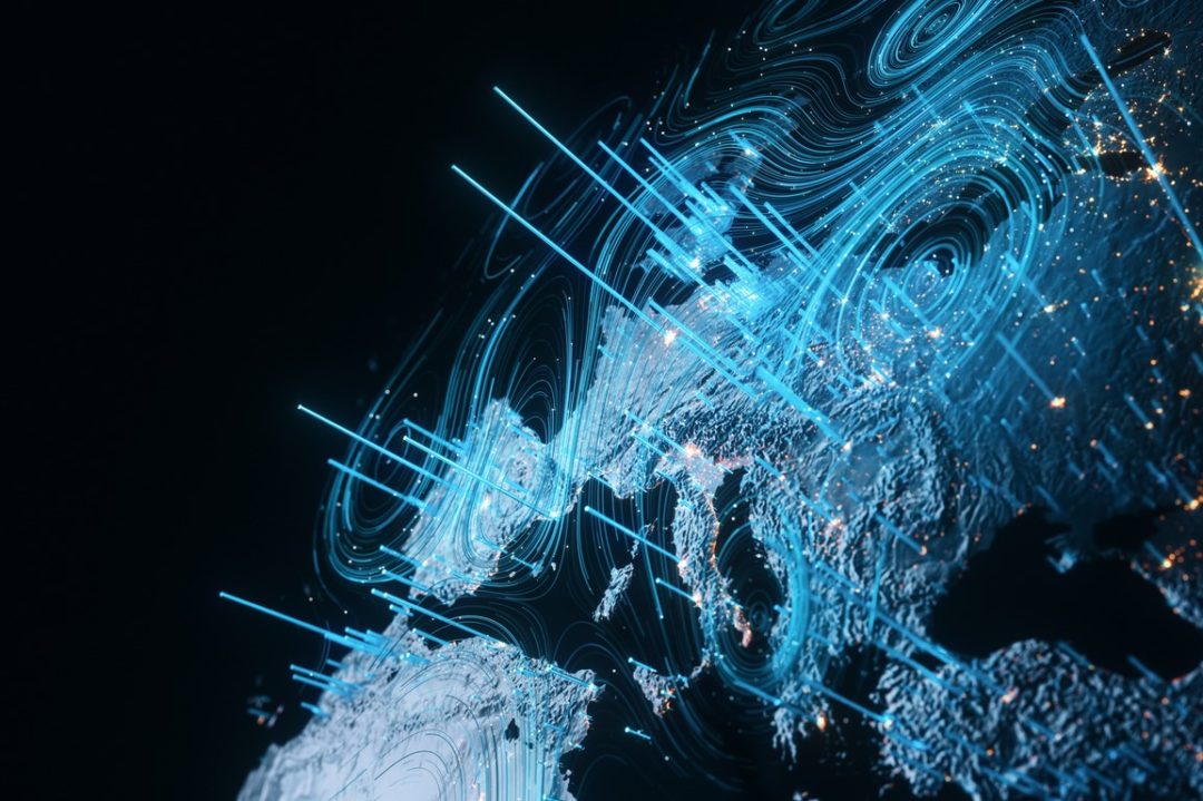 A GRAPHICAL REPRESENTATION OF GLEAMING LINES OF DATA STRETCHING ACROSS THE GLOBE