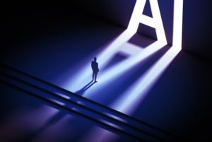 IN A GRAPHIC, A HUMAN FIGURE STANDS AT THE TOP OF A FLIGHT OF STAIRS, LIT BY GIANT BEAMS OF LIGHT COMING THROUGH GAPS SHAPED LIKE THE LETTERS A AND I